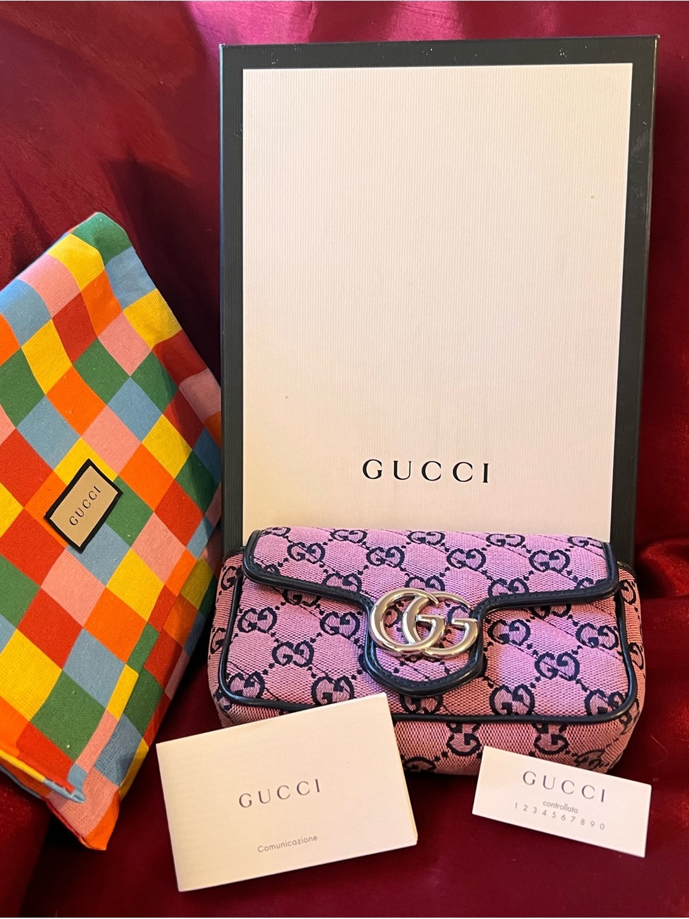 Gucci Pink GG Canvas Shoulder Bag with Black Trim and Gold Double G